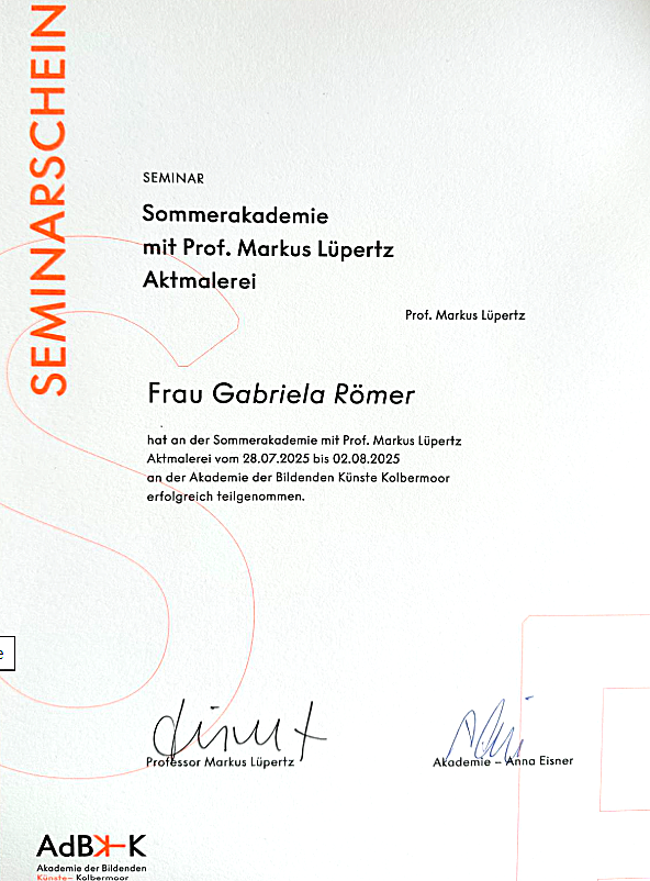 Seminarschein Akt-Kurs mit Prof. Markus Lüpertz für Gabriela Römer Kunst Atelier Passau
